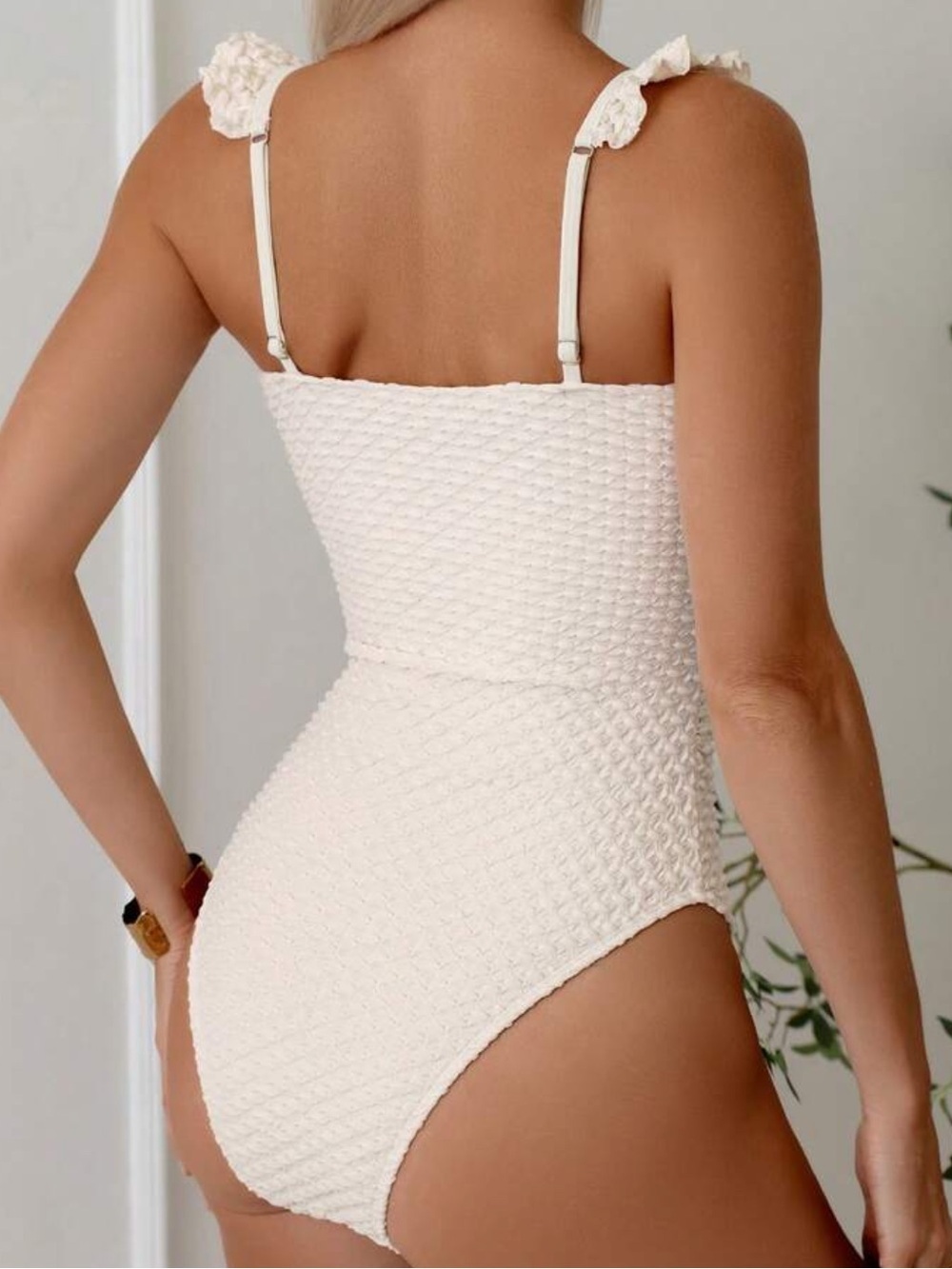 Ruffled Shirred One-Piece Swimsuit in Cream - Picture 2 of 3